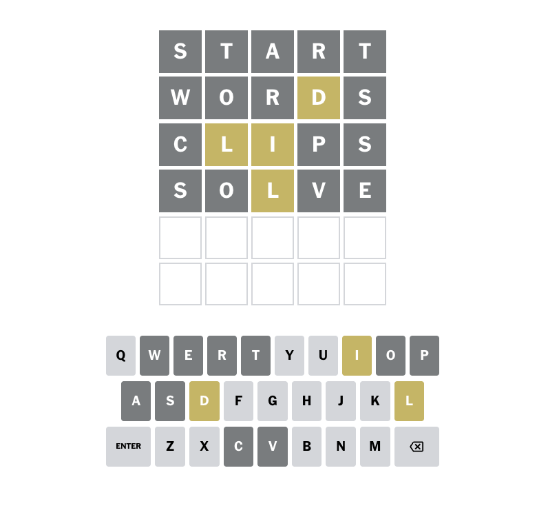 Example Wordle board with four guesses, yellow and gray letter feedback, and two empty rows.